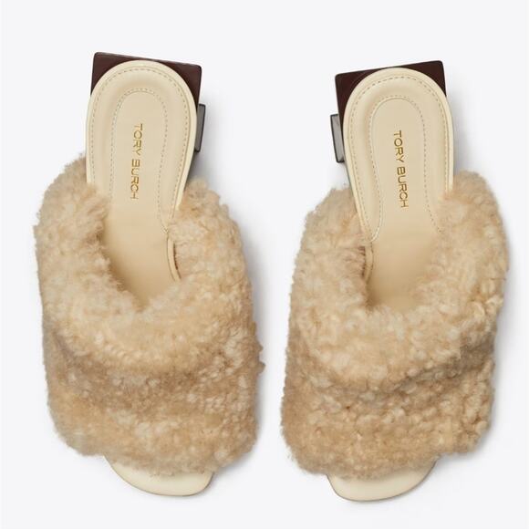 NWT$398 Tory Burch Block T 80mm Heel Shearling Heeled Mules Sandals Shoe Sz 5 - Picture 4 of 15